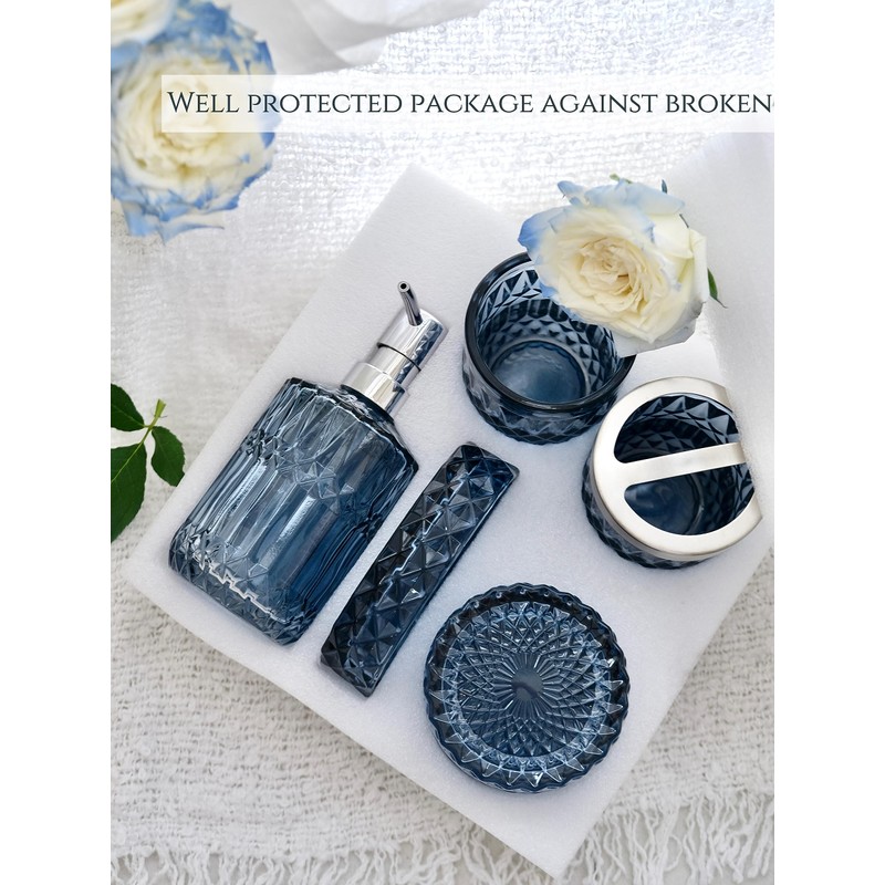 LaMarriti Blue Bathroom Accessories Set, 5Pcs Clear Glass Bathroom Accessories,