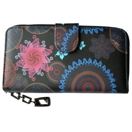 Purse with Ethnic Flowers and Blossom Pattern, Vintage Design, Purse, Women, Ladies with Zip and Press Stud and Many Compartments, Colour: White - Black - Red, Black red blue, classic wallet