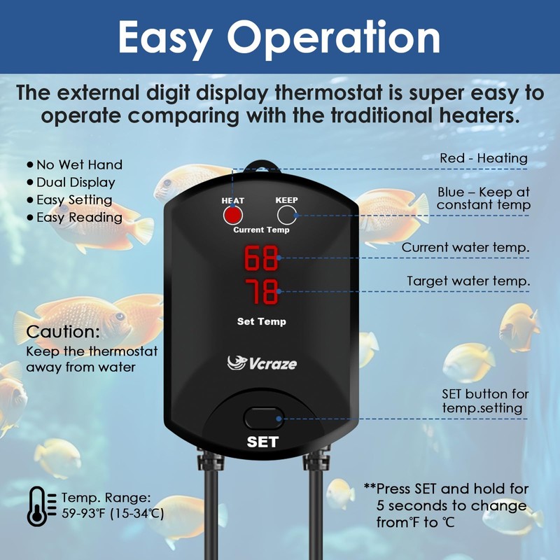 VCRAZE Aquarium Heater 200W Fish Tank Heater with External Thermostat