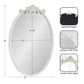 Kate and Laurel Arendahl Traditional Vertical Oval Wall Mirror, 18 x 24, Antique White, Vintage Glam Baroque-Inspired Round Bathroom Vanity Mirror with Ornate Crown