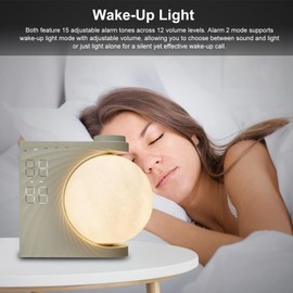 Neoglint Moon Lamp RGB Color Changing Moon Night Light, Dual Alarm Clocks with Snooze, Wake-Up Light, White Noise Machine for Sleep, Dimmable Bedside Lamp, Timer Setting, Type-C Plug-and-Play