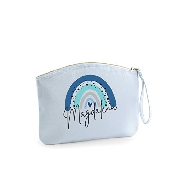 Make-Up Bag with Name for Girls, Rainbow Motif in Blue,