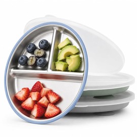 Bakpoco Stainless Steel Suction Plates with Lids for Toddlers & Babies, 9" Divided Kids Plates for 18M-5Y, Kid Growth Family Eating Essentials, 3-Pack