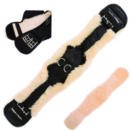 Merauno® Lambswool contour strap with removable lambskin cover, short girth dressage strap, made of quality merino lambswool, special anatomical concave shape for better slip resistance. Colour: natural, black