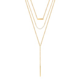 QueenBee 3Pcs 14K Gold Plated Y Necklace Set – Gold Bar, Mini-Pearls, Gold Disc Layered Design – Holiday Gift for Valentine’s Day, Christmas, Birthdays & Anniversaries – Hypoallergenic Gold Jewelry for Women