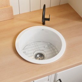 18 Inch Round White Kitchen Sink Undermount, Los Flexi Drop In Fireclay Round Basin 18.5”L×18.5”W, Compact Single Bowl Wet Bar Sink With Stainless Steel Bottom Grid And Drain Strainer