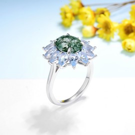 ITI KUOLOLIT Moss Agate Ring Natural Gemstone Genuine 925 Sterling Silver with Gold plating Women’s Oval Cut Moss Agate Engagement Ring Gifts for Her ﻿, Agate