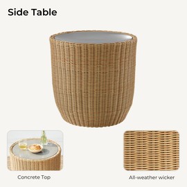 CHITA Outdoor Wicker Side Table with Adjustable Foot Leveler, 20 Inch Patio Rattan End Table with Cement Panel Top(Light Brown)