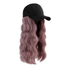 ieron Stylish Black Baseball Cap with Hair Extensions and Long Wavy Synthetic Hair Wig (Pink)