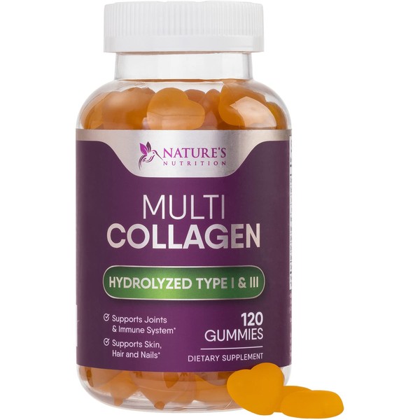 Collagen Gummies with Biotin - 120 Count - Hydrolyzed Collagen Peptides Supplement Types I and III - Support for Hair, Skin, Nails and Joints - Gluten Free and Non-Gmo - Orange Flavored Gummy Vitamins