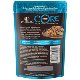 Wellness CORE Simply Shreds Natural Grain Free Wet Dog Food Mixer or Topper, Tuna, Beef & Carrots, 2.8-Ounce Pouch (Pack of 12)