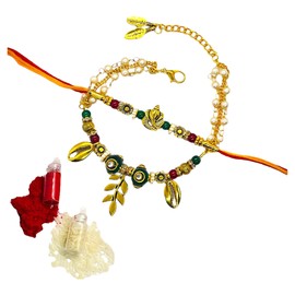 NiLy Craft Designer Couple Rakhi Set for Bhaiya Bhabhi with Ganpatiji, Kodi & Leaf Charm | Premium Rakhi Combo with Diamond Ring & Real Kundan Ball and Glass beads | Raksha Bandhan Gift with Roli