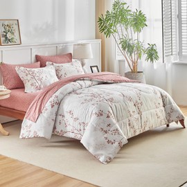 AIKASY Queen Comforter Set 7 Pieces- Soft Microfiber, Reversible Cute Floral Bedding Comforter Sets (1 Comforter, 2 Pillow Shams, 1 Flat Sheet, 1 Fitted Sheet, 2 Pillowcases)