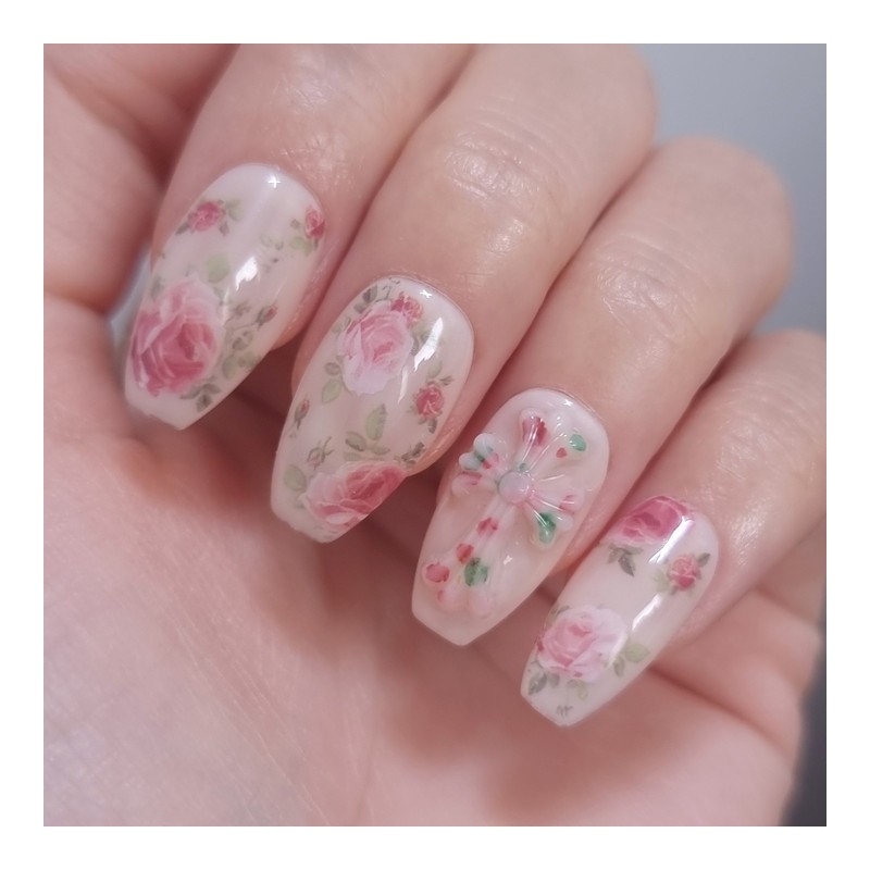 Rose Garden Chrome Handmade Nail Tips - Short Ballerina /