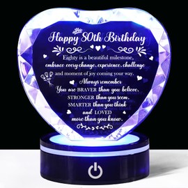 80th Birthday Gifts for Women Men Crystal Heart with Colorful Light Base, 6 Lights Modes Crystal Keepsake Night Light with Meaningful Words and Patterns, Best Birthday Gifts for 80 Year Old Woman Men
