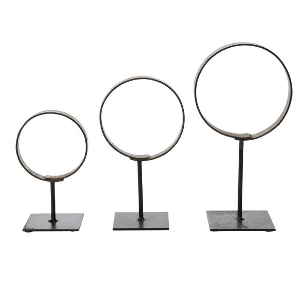 Creative Co-Op Decorative Modern Found Metal Rings on Stands, Set of 3 Décor, Black, 3