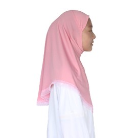Modest Beauty Muslim Hijabs for Girls Kids Hijab Scarves with Lace for Age 6-12, Pink, free size