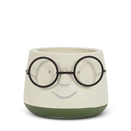Abbott Collection Mini Face Planter with Glasses - Cement/Metal, Ivory/Green (3.5 inches D)
