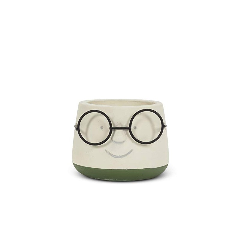 Abbott Collection Mini Face Planter with Glasses - Cement/Metal, Ivory/Green