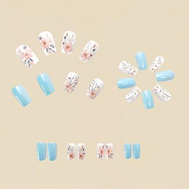 24Pcs Flower Pattern Design Press on Nails, Acrylic Full Cover Coffin Nails – Blue Flower & Chinese Style, Medium Ballet Shape