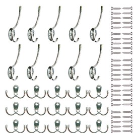 QUOZUO Pack of 15 Double Wall Hooks Wall Coat Hooks and 10 Pieces Gooseneck Hooks Clothes Hooks with Screws for Coat Hooks Bathroom Kitchen Silver