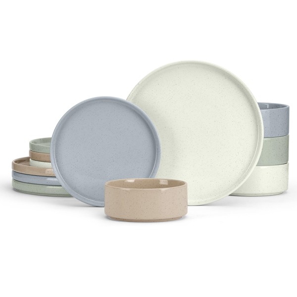 E-far Stoneware Dinnerware Sets, 12-Piece Plates and Bowls Dish Set