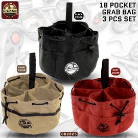 Graintex GB2825 18 Pockets Grab Bags Set of 3 Pcs Black, Rust and Khaki Color Rip-stop Canvas, Drawstring Closure, Small Parts Organizer Bag, Parachute Tool Bag, Parachute Tool Organizer