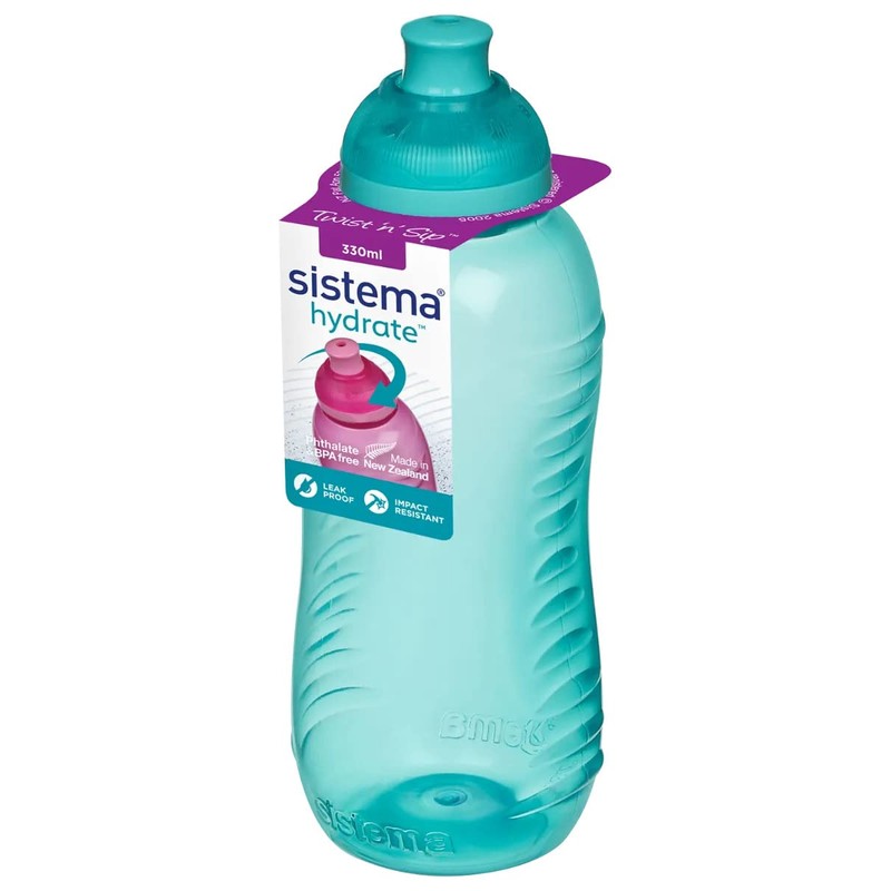 3 Sistema 330ml Twist n Sip Drink Bottles, Blue, Pink,