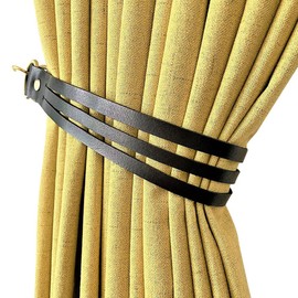 Leather Curtain Tieback, glrovazas Leather Curtain Rod Holder 2Pcs Drapery Belt Window Treatment Tie-Back with Hooks Curtain Buckle for Home Office Living Room Decorative (Black)