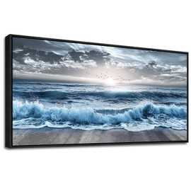 ERQINHUA Wall Decor For Bedroom Dining room Wall Art For Living Room Office Decor Blue Beach Sea Wave Paintings Sunrise Ocean Seascape Wall Pictures Canvas Artwork Home Decor Black Framed 20x40 In