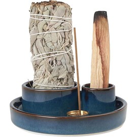 4 in 1 Incense Holder, Palo Santo Stick Holder,Sage Holder for Burning- 4.25" Sage Incense Holder for Meditation Room Home Decor (Blue)