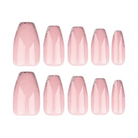 ANDGING Coffin Press on Nails Pink Short Medium Bling Fake Nails with Designs Fantasy Manicure French Tip Glue on Nails for Wedding Acrylic Stick on Nails for Women Gel False Nails 24 Pcs