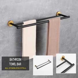 GERZWY 24-Inch Bath Double Towel Bar Stainless Steel Modern Round Style Bath Hand Towel Rack Wall Mount Black & Gold