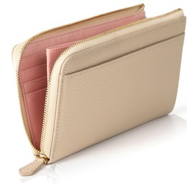 LASIEM Women's Long Wallet, Small Long Wallet, Smartphone Size, 1.2 inches (3 cm) from conventional products, Genuine Leather, Compact, L-Shaped Zipper, Simple, Box Included, El Beige × Pink