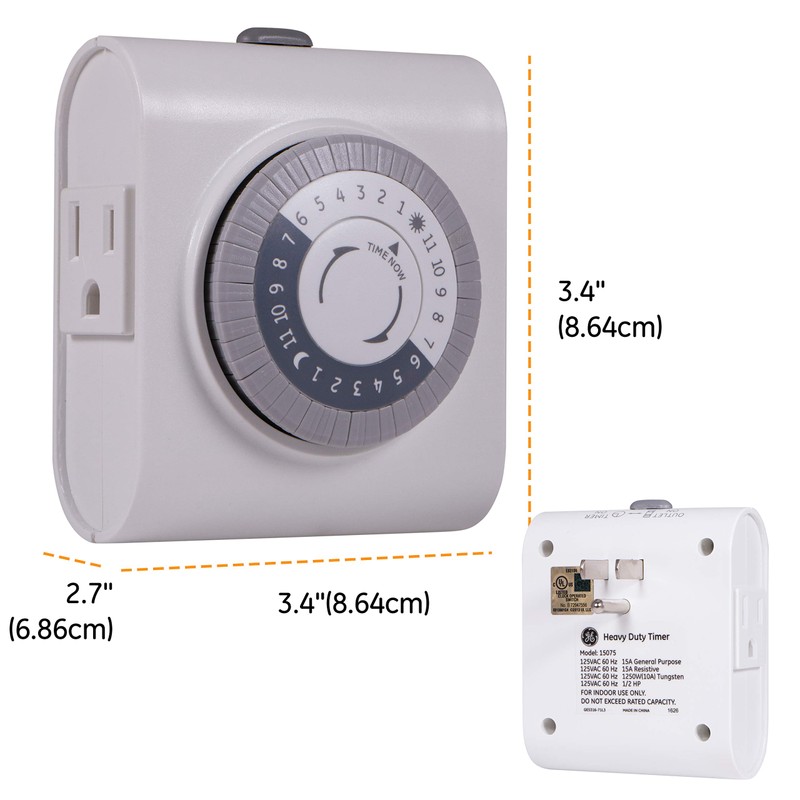 GE Mechanical Grounded Outlet Timer, Dual Plugs with 3 Prongs,