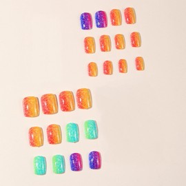 MERVF Square Press on Nails Short Fake Nail Colorful Ombre Glue ons Summer Rainbow Acrylic Nails Glitter Squoval Solid Color Manicure 24pcs Glossy