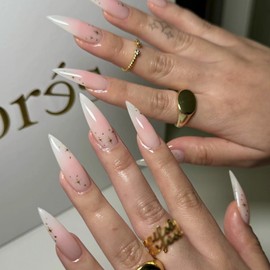 MISUD Press on Nails Long Stiletto Fake Nails Glossy Glue on Nails Sharp Almond Acrylic Nails Pink Ombre Artificial Nails Bling Star Stick on False Nails with Design 24 pcs