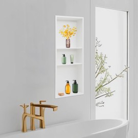 3 Tier Recessed Wall Niche, 12" X 30" Stainless Steel Shower Niche, Recessed Storage Cabinet No Tile Needed, Shower Foot Rest, Wall Niches Stool for Bathroom (White)