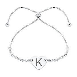 Personalize Script Or Block Letter Alphabet K Initial Monogram Heart Shaped Name Plated Bar Identification Tag ID Heart Bolo Bracelet For Women Teen .925 Sterling Silver Adjustable Customize