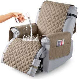 TAOCOCO 100% Waterproof Recliner Covers, Recliner Sofa Covers with Leg Straps, Reversible Recliner Couch Cover for Reclining Chair, Washable Couch Protector for Pets Kids(1 Seater 25", Khaki)
