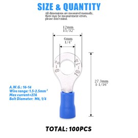 Glarks 100pcs 16-14 Gauge M6 Ring Electrical Insulated Quick Splice Crimp Terminals Connectors