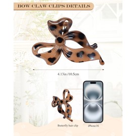 4 PCS Bow Hair Clips Bow Claw Clip for Women, Large Hair Claw Clips for Thin Thick Long Hair Cute Nonslip Bows (Black+Leopard Dark Brown+Leopard Light Brown+Gray)