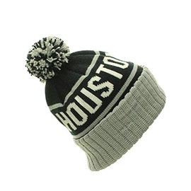 American Cities Houston TX Cuff Cable Knit Pom Pom Beanie Hat Cap (One Size, Houston Black/Gray)
