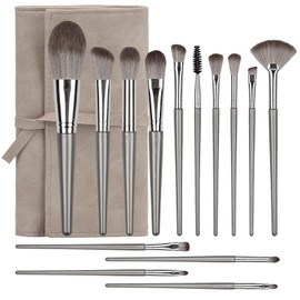 Amrules 14 Pcs Makeup Brush Set, Professional Eye and Face Foundation Brush Set, Eyeshadow Brushes, Cosmetic Brushes, with Pu Bag, Grayish