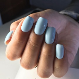 Press On Nails Short, Solid Dark Color Fake Nails Short Square Medium Shape, Stick on Nails Glue on Nails False Nails on 24PCs (Light Blue, Short)