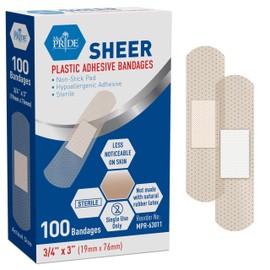 MED PRIDE Sheer Bandages Latex Free for Sensitive Skin Sterile Non Stick Pad Hypoallergenic Adhesive First Aid Strip Bandages for Wound Care 100 Pieces (3/4” x 3”)