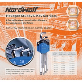 NordWolf 9-Piece Metric Stubby Allen Wrench Set, S2 Steel Long Arm Ball End Hex L-Keys, Sizes 1.5mm to 10mm