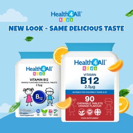 Health4All Kids Vitamin B12 2.5mcg 90 Chewable Tablets 3 Months Supply, Vegan VitB12 Methylcobalamin Supplement for Children 3+, Sugar-Free, Natural Orange Flavour | Made in UK (not Gummies)