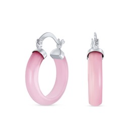 Medium Size Enhanced Gemstone Pink Quartz Round Tube Hoop Earrings Western Jewelry For Women Teen .925 Sterling Silver .75 Inch Diameter