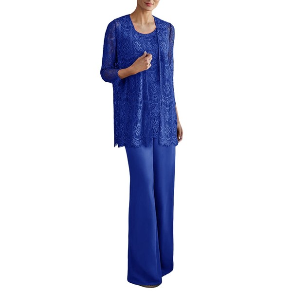 Zongqiven - Pantalones de gasa y encaje para mujer, 3 piezas, traje de madre, boda, fiesta de invitados, Azul, XXL